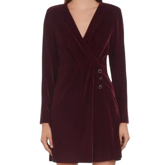 The Kooples Burgundy Velvet Faux Wrap Dress Onyx Rhinestone Embellishment (4/XL)
